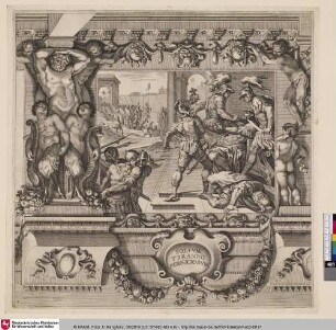 SOLIVM TYRANNO PERNICIOSVM; [Le roi Amulius, assis sur son trône, est assassiné par Romulus et ses comparses]