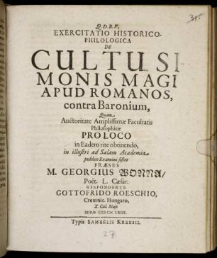 Exercitatio Historico-Philologica De Cultu Simonis Magi Apud Romanos, contra Baronium,