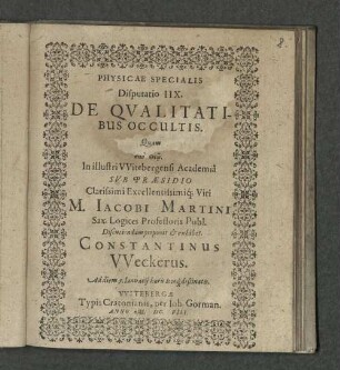 Physicae Specialis Disputatio IIX. De Qvalitatibus Occultis