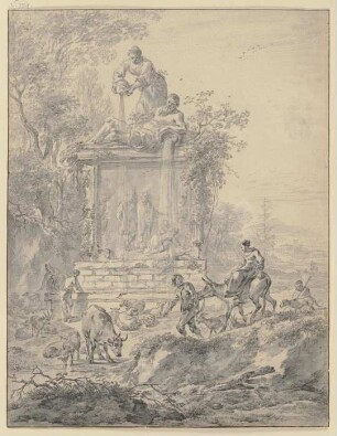 Großes Monument, darauf ein Flußgott und eine Frau, Wasser aus Urnen gießend, davor Hirten mit Vieh