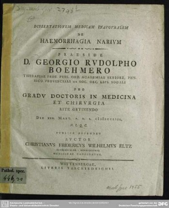 Dissertationem Medicam Inauguralem De Haemorrhagia Narium