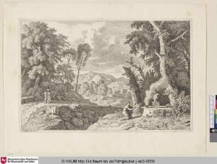 [Landschaft mit einem vor einer Pan-Büste knienden Mann; Landscape with a man kneeling before a bust of Pan]