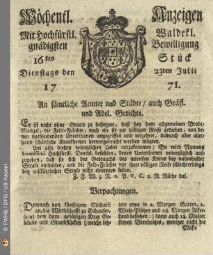 16tes Stück, Dienstags den 23ten Julii 1771