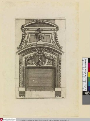 Diverses Inventions nouvelles pour des Cheminées, Bl. 21 [Kamin mit Portraitmedaillon einer Frau von Segmentgiebel bekrönt, darüber Vase mit zweitem Segmentgiebel. (Wilke 2016)]