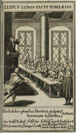 Feier der Augsburger Konfession in einem Klassenzimmer - Albumblatt zum 200. Jahrestag (Mitte oben)