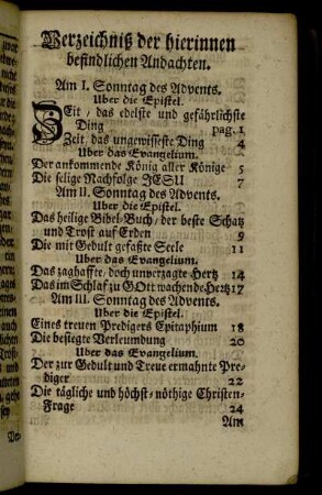 Verzeichniß der hierinnen befindlichen Andachten