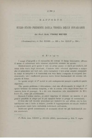 Rapporto sullo stato presente della teoria degli invarianti. [Fortsetzung]