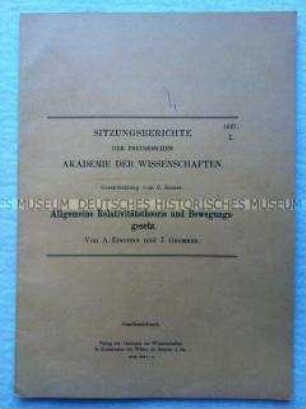 Allgemeine Relativitätstheorie und Bewegungsgesetz. Sonderdruck aus den Sitzungsberichten der Preußischen Akademie der Wissenschaften, Jg. 1927 Nr. 1
