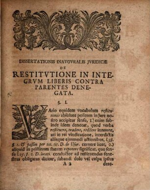 Dissertatio Inavgvralis Jvridica De Restitvtione In Integrvm Liberis Contra Parentes Denegata