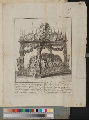 Representation du catafalque, dressé a l'occasion de funerailles de ... Maurice de Saxe : = Vorstellung des Traur-Gerüstes, welches bey der Leich-Bestattung ... Grafen Moritzen von Sachsen ... in der Neuen Kirch zu Strasbourg den 8. Horn 1751 aufgerichtet worden