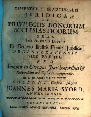 Diss. inaug. iur. de privilegiis bonorum ecclesiasticorum