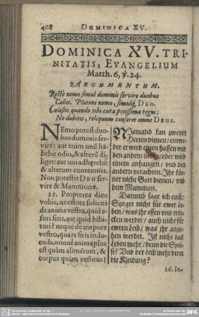Dominica XV. Trinitatis, Evangelium Matth. 6, v. 24.