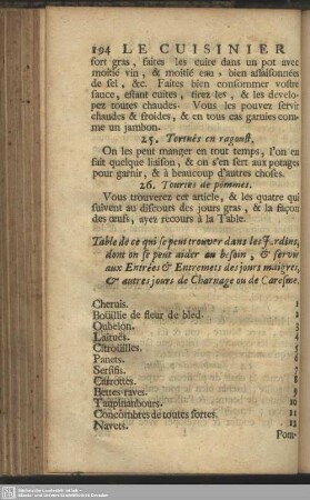 Table de ce qui se peut trouver dans les Jardins, dont on se peut aider au besoin, et servir aux Entrées et Entremets des jours maaigres, et autres jours de Charnage ou de Caresme