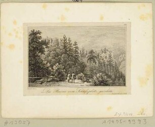 Die Burgruine und die Klosterruine auf dem Berg Oybin im Zittauer Gebirge vom Schießplatz aus, aus Carl Peschecks "Oybin bei Zittau in 12 Ansichten ..." (erweiterte Auflage?)