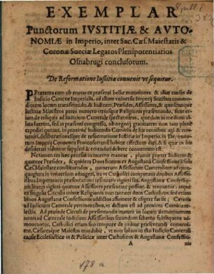 Exemplar punctorum Iustitiae et Autonomiae in Imperio, inter Sanctae Caesareae Maiestatis et Coronae Sueciae legatos plenip. Osnabrugi conclusorum