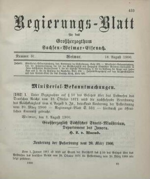 102. Ministerial-Bekanntmachung, betreffend Aenderung der Postordnung,