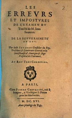 Les erreurs et impostures de l'Examen du Traicté ... de la souveraineté du Roy