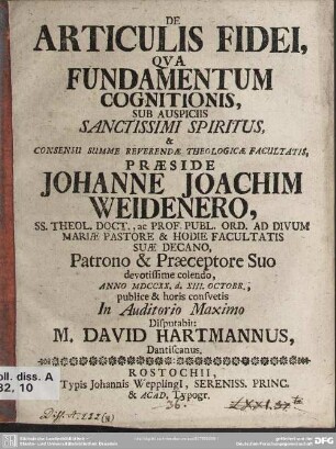 De Articulis Fidei, Qua Fundamentum Cognitionis Sub Auspiciis Sanctissimi Spiritus