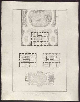 Sammlung architektonischer Entwürfe. Tafel 63 ( = Heft 9, Tafel 57, 1826): Wohnhausentwurf Nr. 2. Drei Grundrisse und Situationsplan