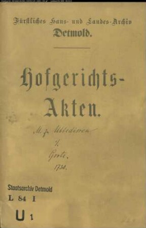 Ubbedissen, Joh. Christoph Meier zu gegen Gottfriedrich Grote zu Oerlinghausen - Brautschatz