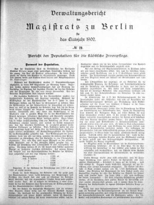 No. 19. Bericht der Deputation für die städtische Irrenpflege