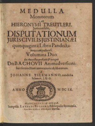 Medulla Monitorum Ad Hieronymi Treutleri, Iurisconsulti, Disputationum Iuris Civilis Iustinianaei quinquaginta ...