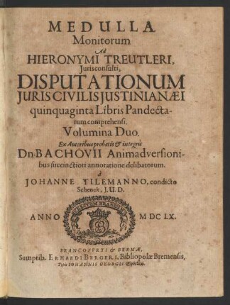 Medulla Monitorum Ad Hieronymi Treutleri, Iurisconsulti, Disputationum Iuris Civilis Iustinianaei quinquaginta ...
