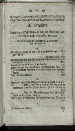 III. Register derjenigen Schriften, denen die Nahmen der Verfaßer nicht beygefügt worden.