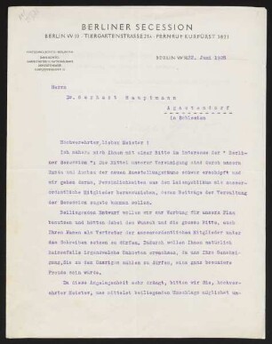 Brief von Eugen Spiro von Berliner Secession an Gerhart Hauptmann