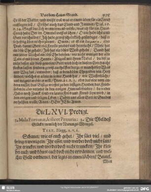 Die LXVI. Predigt. 3. Mala Fortunae, scilicet Penuria: 3. Die Ubel deß Glücks, nemlich der Narungs-Mangel
