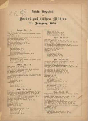 Inhalts-Verzeichniß der Social-politischen Blätter III. Jahrgang 1875.