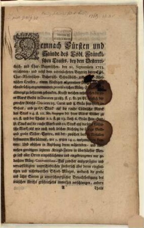 Münz-Patent des Fränkischen Kraises : dd. Nürnberg 23. Dez. 1763