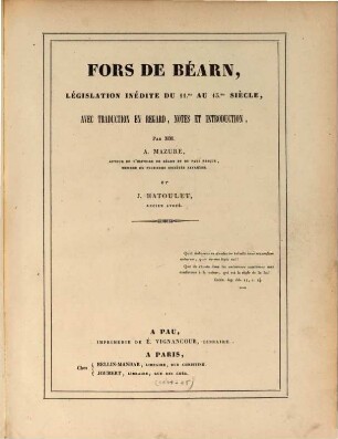 Fors de Béarn, législation inédite du 11.me au 13.me siècle