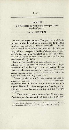 Application de la transformation par rayons vecteurs réciproques à l'étude des anticaustiques.