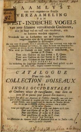 Catalogue d'une Collection d'Oiseaux des Indes occidentales