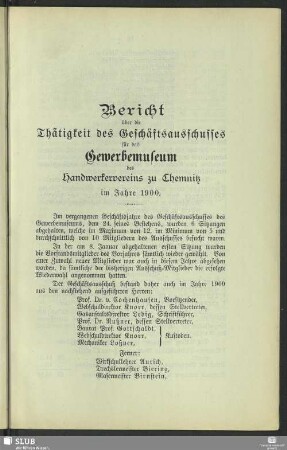 Bericht über die Thätigkeit des Geschäftsausschusses für das Gewerbemuseum zu Chemnitz im Jahre 1900