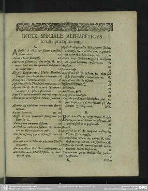 Index Specialis Alphabeticus rerum praecipuarum