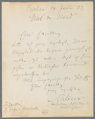 Nachlass von August Reichensperger (1808-1895): Brief von Kurd von Schlözer an Maximilian von Nesselrode-Ereshoven - BSB Ana 429.D. Schlözer, Kurd von