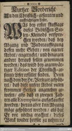 Kurtzer Vorbericht An den Christlich-gesinnten und auffrichtigen Leser