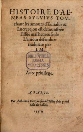 Histoire d'Aeneas Sylvius, touchant les amours d'Eurialus