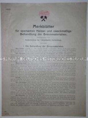 Merkblatt für sparsames Heizen vom Zentralverband der Kohlenhändler Deutschlands