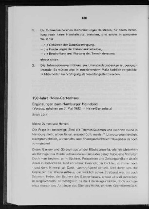 150 Jahre Heine-Gartenhaus : Ergänzungen zum Hamburger Heinebild (Vortrag, gehalten am 7. Mai 1982 im Heine-Gartenhaus)