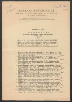 Nr. 846: Zeitschriften : Rechtswissenschaft, Nationalökonomie, Soziologie Tl. 1