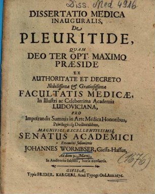 Dissertatio Medica Inauguralis, De Pleuritide