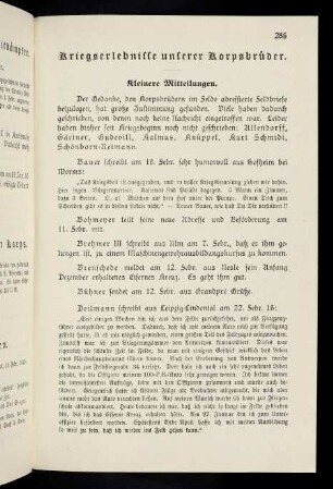 285-303, Kriegserlebnisse unserer Korpsbrüder. Kleinere Mitteilungen