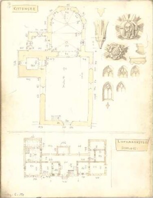 Weysser, C. Fritz; Bayern; Parsberg; Bauaufnahmen (Zeichenheft) - in Kittensee (Grundriss, Details); Schloss in Lutzmannstein (Grundriss)