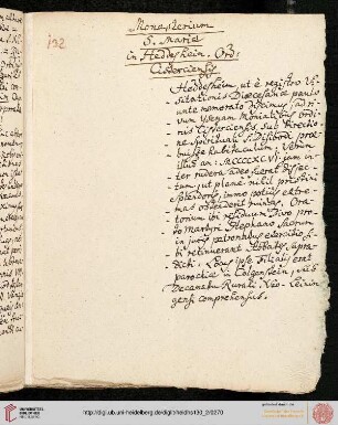Monasterium S. Mariae in Heddesheim Ord. Cisterciensis