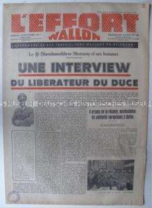 NS-Wochenzeitung für wallonische Fremdarbeiter in Deutschland "L'Effort Wallon" zur Befreiung von Mussolini durch die SS