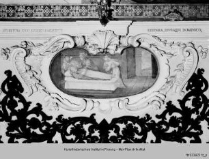 Ausmalung des Oratorio della Santissima Trinità : Wanddekoration : Heilige und Selige der Familie Piccolomini: Die Madonna und die Heiligen Domenikus und Katharina stehen dem sterbenden Joachim Piccolomini bei