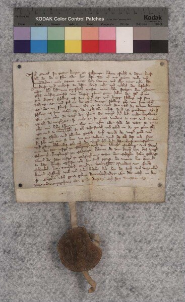 Konrad Sne, Bürger zu Salzungen (Salzcungen), verkauft mit Zustimmung seiner Ehefrau Euphemia (Venie) und seiner Erben dem Priester Ludwig von Fischbach (Vischpach), seinem Schwager, drei Pfund jährlicher Gülte für gezahlte 30 Pfund Heller. Davon sind je 30 Schilling Gülte an Michaelis [29. Sept.] und an Walpurgis [1. Mai] fällig, erstmals am Fest des hl. Michael über ein Jahr; bei Säumnis kann der Käufer nach Mahnung Pfänder nehmen. Bei beabsichtigtem Verkauf der Gülte hat der Aussteller ein Vorkaufrecht. Auf seine Bitten kündigen Albrecht Stichling und Dietrich (Dieczel) Schrimph, Bürgermeister zu Salzungen, das Stadtsiegel an. Zeugen: Heinrich Schenkel, Ludwig (Lutz) Reinhard, Konrad von Waltershausen (Waltirshn.), Nikolaus von Fulda (Fulde), Heinrich Mestekoph (Mes-) und andere.
